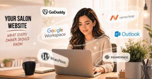 Salon website setup showing domain hosting and email provider options